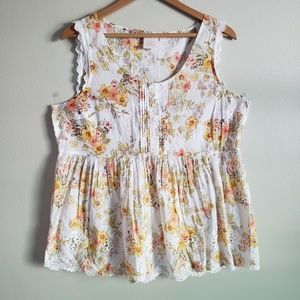 Floral Eyelet Babydoll Sleeveless Blouse